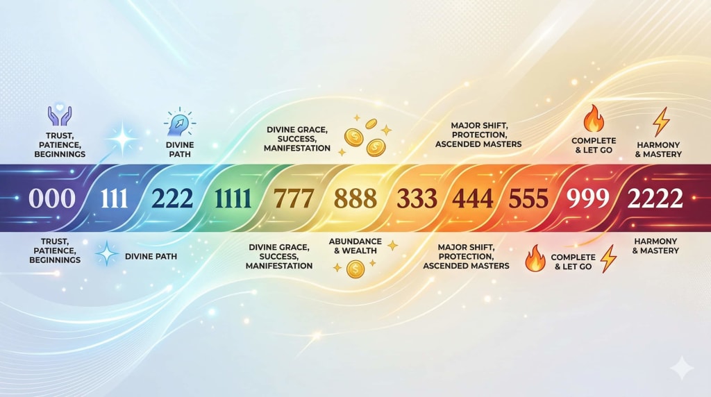 Angel number guide chart showing 000 through 2222 and their spiritual themes